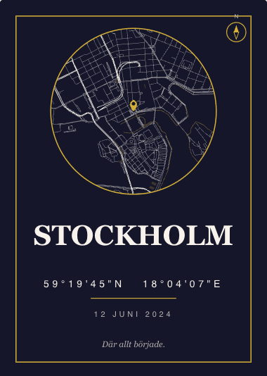 Kartposter med cirkelkarta, kompass och knappnål över Stockholm