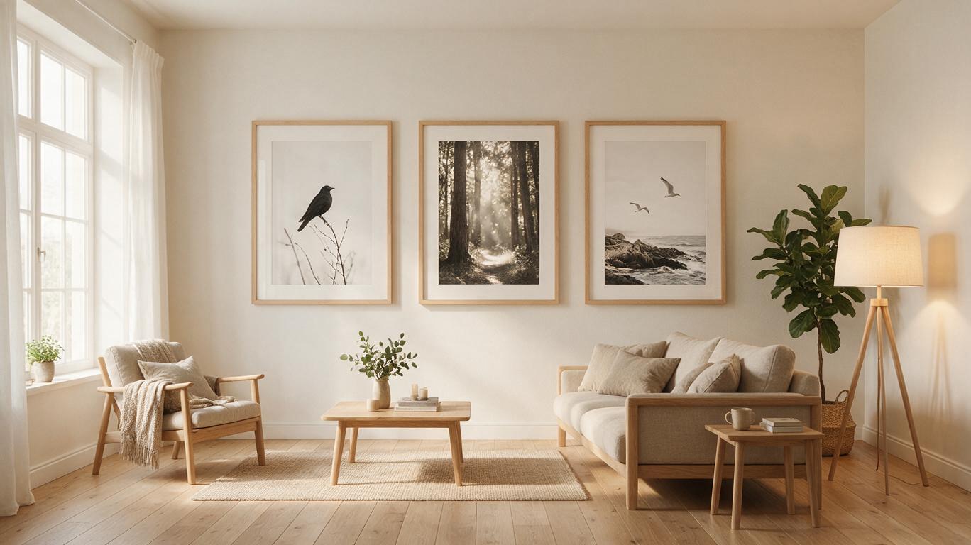Gallerivägg med tre inramade tavlor i vardagsrum